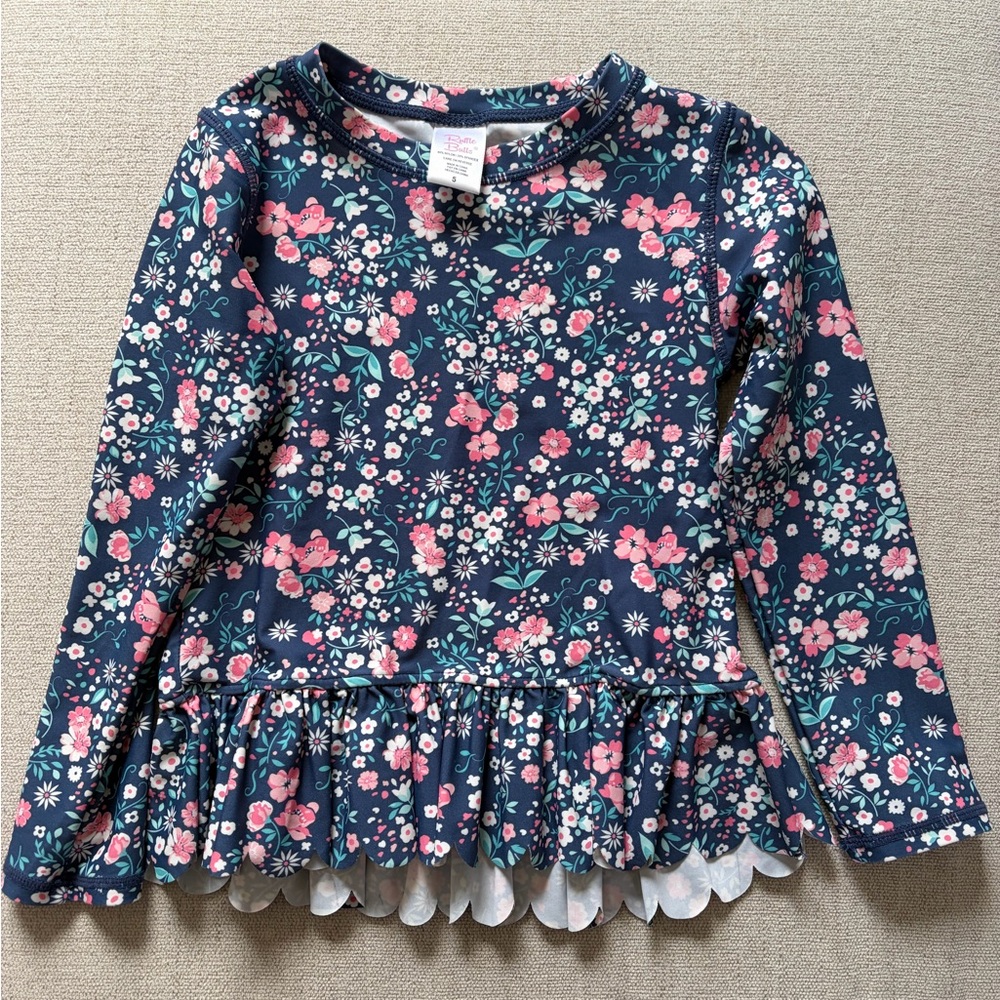 Ruffle Butts Navy Floral Long Sleeve Ruffle Hem Rash Guard Sun Shirt Pink 🌺